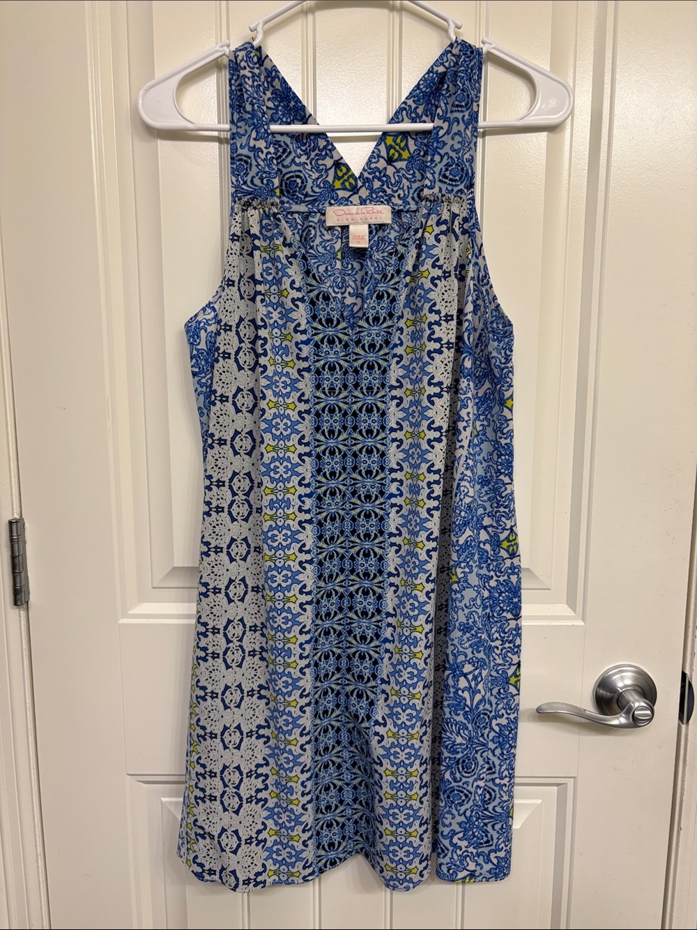 Oscar de la Renta Pink Label Blue and White Printed Sleeveless V-Neck Mini Dress